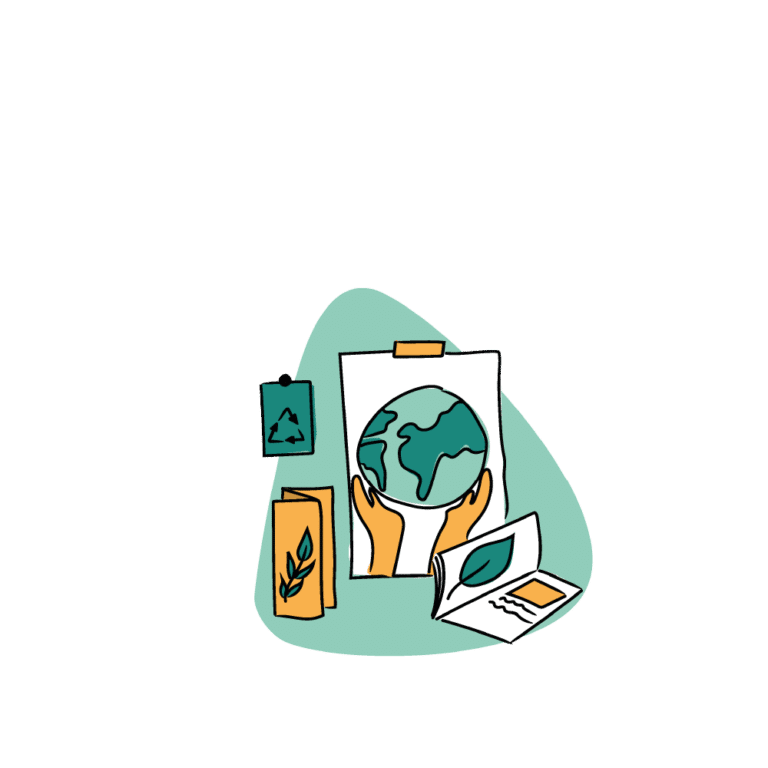 Illustration représentant l'éco-conception print avec des papiers recyclés, des symboles écologiques et une approche durable de l'impression.